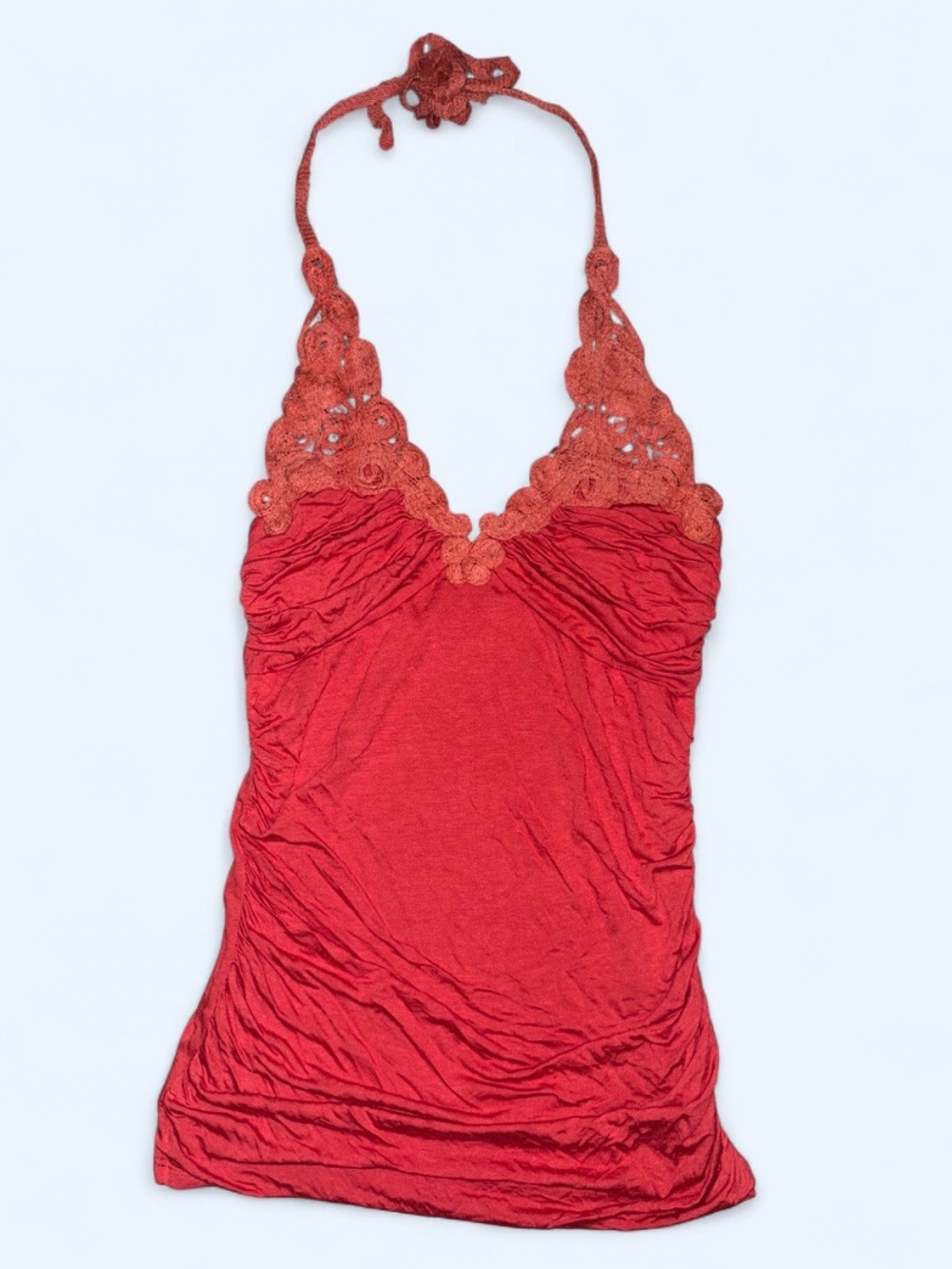 Papaya Coral Crochet Halter Top NWT - Size L, Y2K Ruched Floral